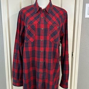 Women’s Duluth Trading Company Red & Navy 100% Cotton Roll Tab Sleeve Size